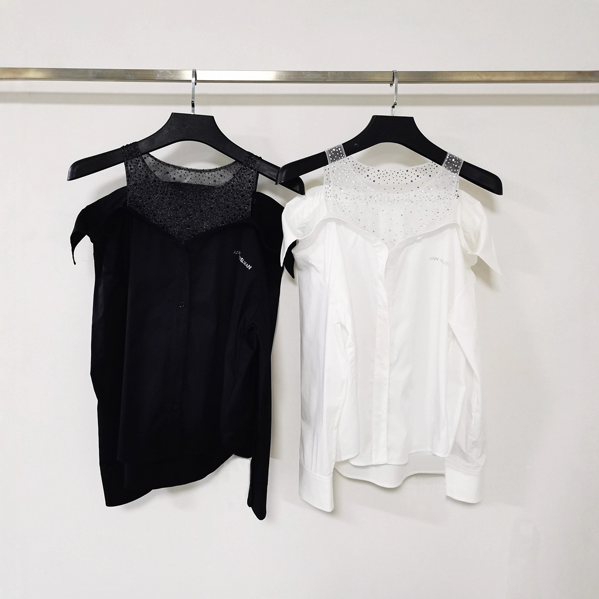 Correct Version of 2026 Early Spring New Style Letter Heavy-Duty Hot Diamond Mesh Halterneck Splicing Off-Shoulder Loose Long-Sleeved Shirt for Women