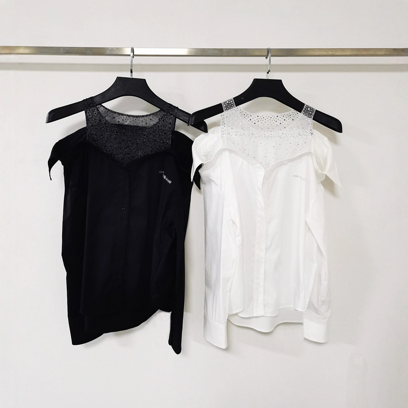 Correct Version of 2026 Early Spring New Style Letter Heavy-Duty Hot Diamond Mesh Halterneck Splicing Off-Shoulder Loose Long-Sleeved Shirt for Women