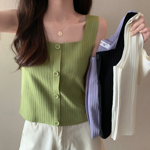 Knitted spaghetti strap top for women, suitable for spring and summer, trendy, fashionable for students, slimming, can be worn outside, square neck, innerwear, sleeveless t-shirt