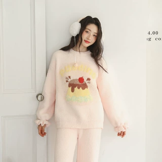 软绵绵睡衣女冬布丁甜品花苞袖甜美冷套头加厚保暖秋冬家居服套装