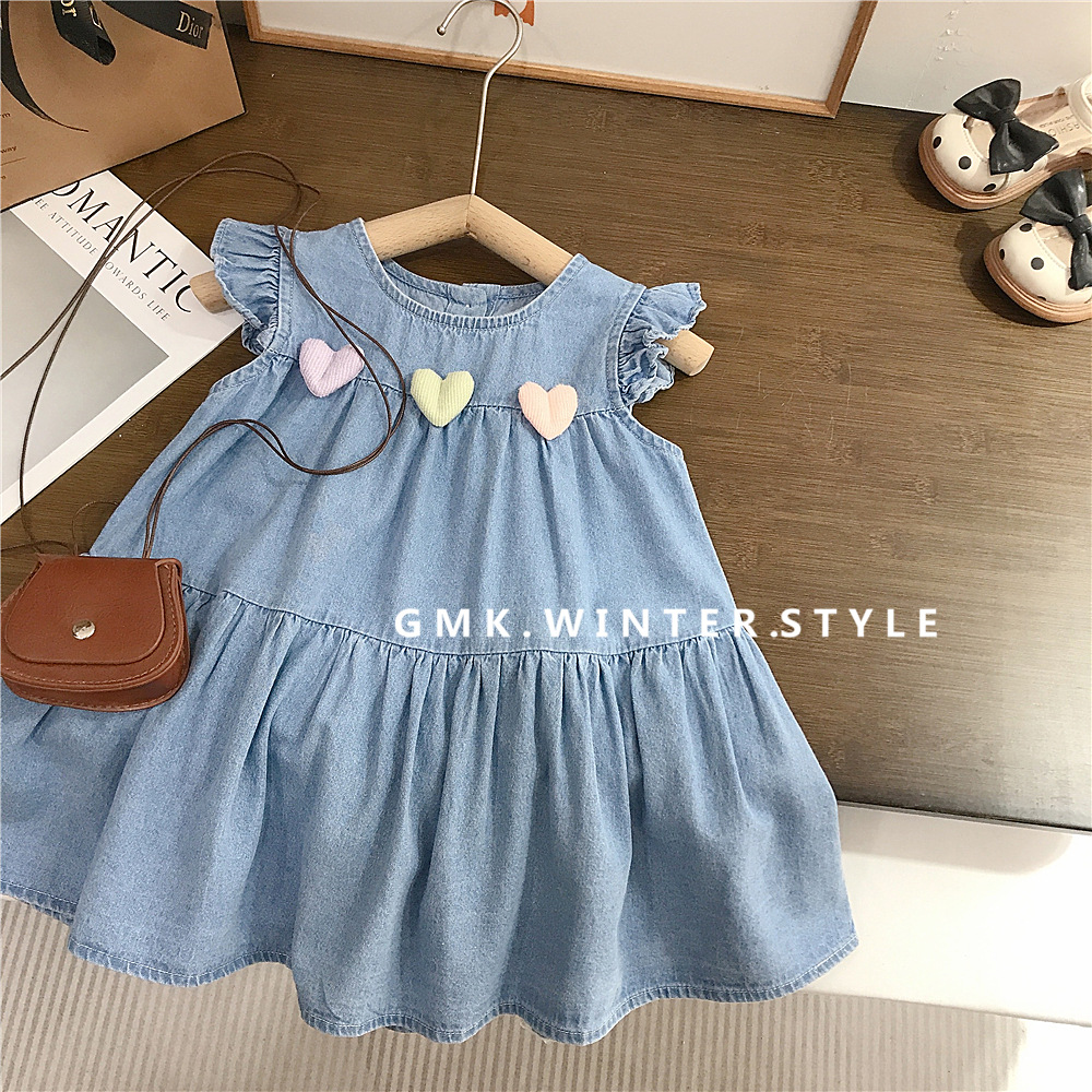 Girls Baby Summer Denim Vest dress Children Cute Three-dimensional Love Sling dress Summer Foreign Trade