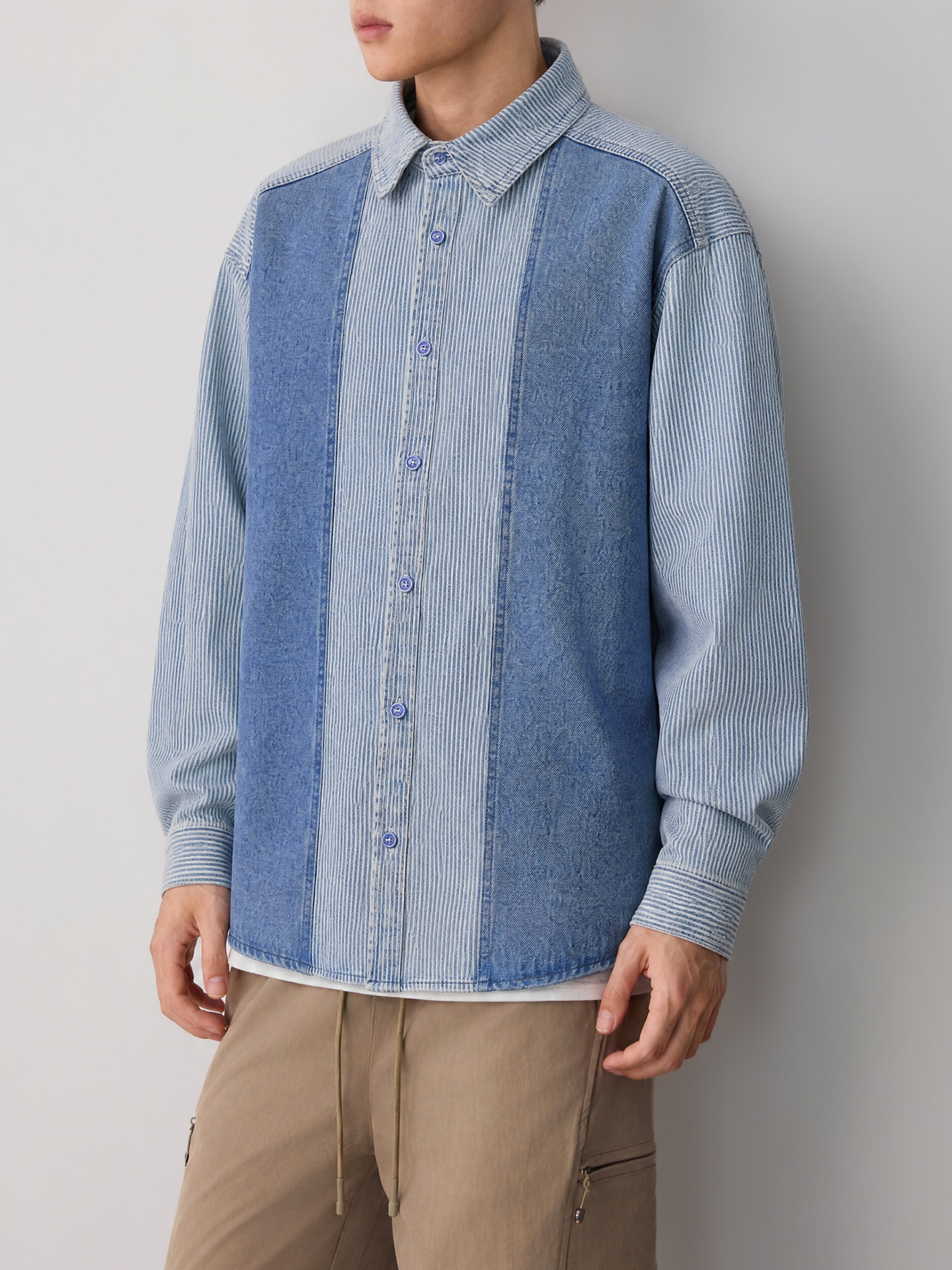Áo sơ mi denim nam tay dài phong cách cổ điển sọc nối — Cao bồi xanh