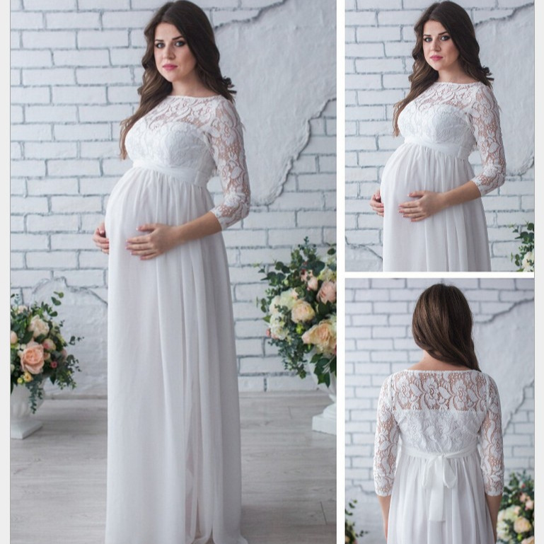 Plus-size European and American lace-panel maternity dress, sexy & loose-fitting mermaid-style maxi gown—perfect for pregnant women.