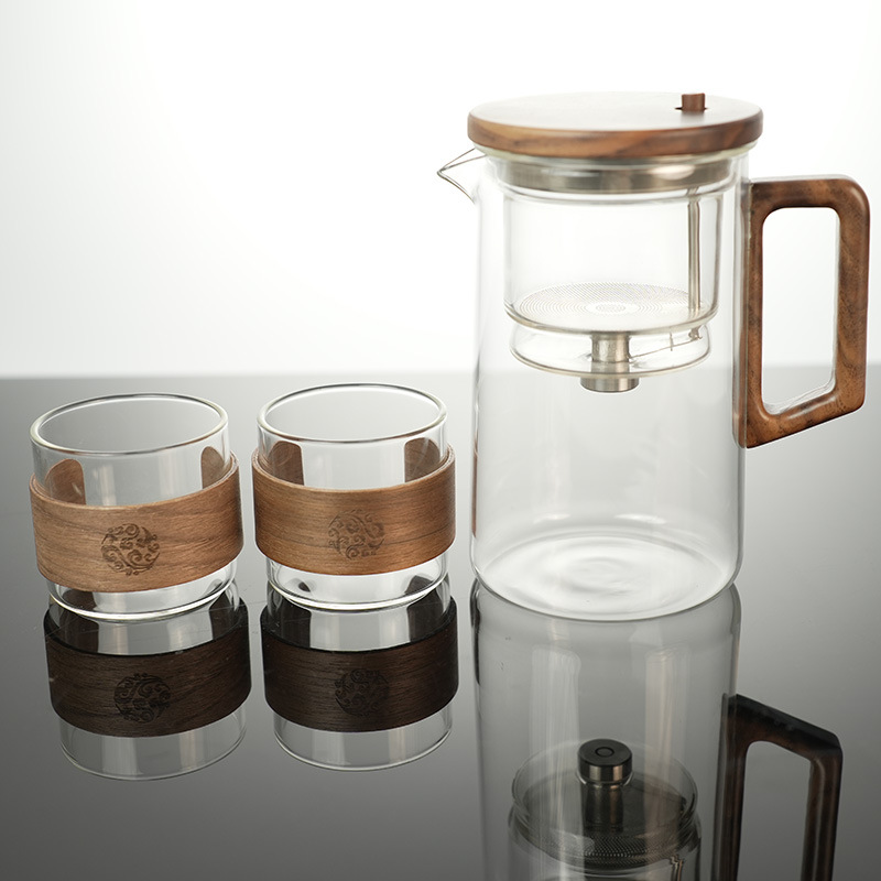 Piaoyi taza tetera filtro de un solo clic nogal resistente a altas temperaturas revestimiento de vidrio completo taza de separación de té juego de té de alta gama