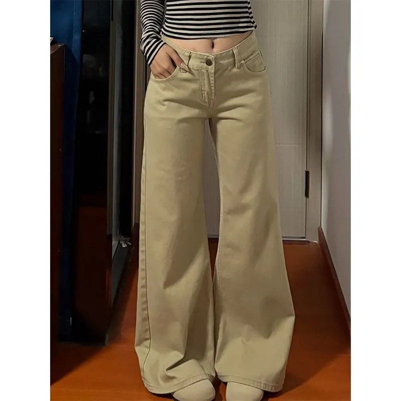 Khaki Flared Jeans for Women, Autumn New Low-Waist Loose Slimming Drape Wide-Leg Floor-Length Pants Trendy
