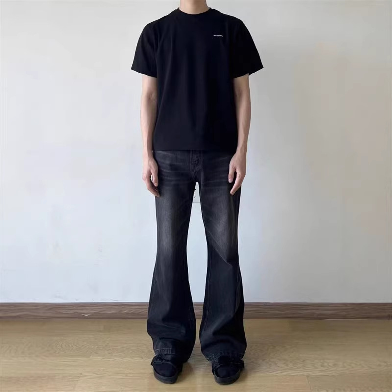 Men's Retro Washed Black Jeans Slim Fit Straight Leg Slightly Flared Long Pants Whiskered American High Street Vibe Style_mkmklike.com