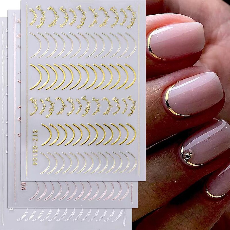 Cross-Border Hot Nail Art Stickers Rose Gold Nail Line Stickers Half-Moon Totem 3D Nail Decals Gold and Silver Stickers Nail
