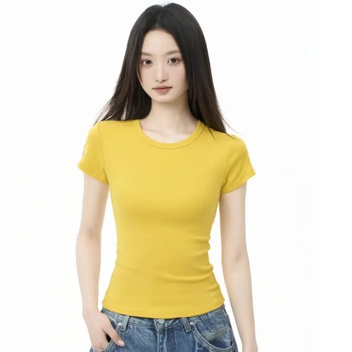 iiiamX yellow crew neck straight-shoulder short-sleeve t-shirt for women summer slim fit hot girl waist-cinch inner top 2025 new arrival