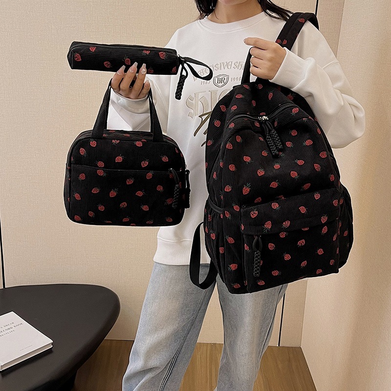 新しいクロスボーダースクールバッグ中学生女子大学生コーデュロイかわいいイチゴバックパックレジャー旅行女性バックパック|undefined