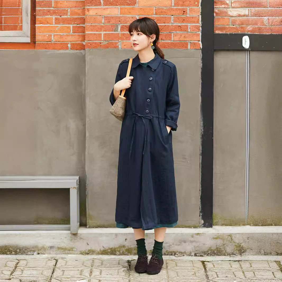 Новинка Осень-зима 2020, оригинальная Женская одежда из чистого льна, Женский Тренч на шнуровке с длинными рукавами в литературном стиле, пальто с лацканами