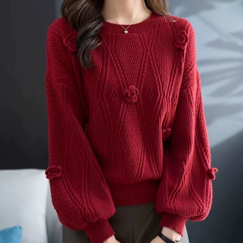 2025 новый осенне-зимний красивый красный свитер для женщин в год рождения, короткий свободный трикотаж с рукавами-фонариками