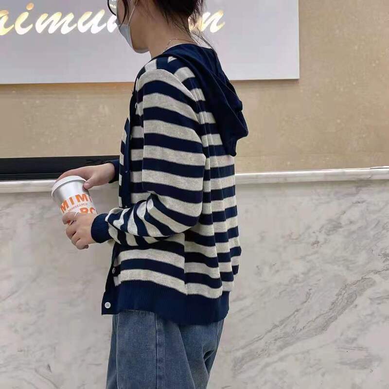 Striped Brimmed Hat, Knitted Cardigan, Fashionable and Versatile