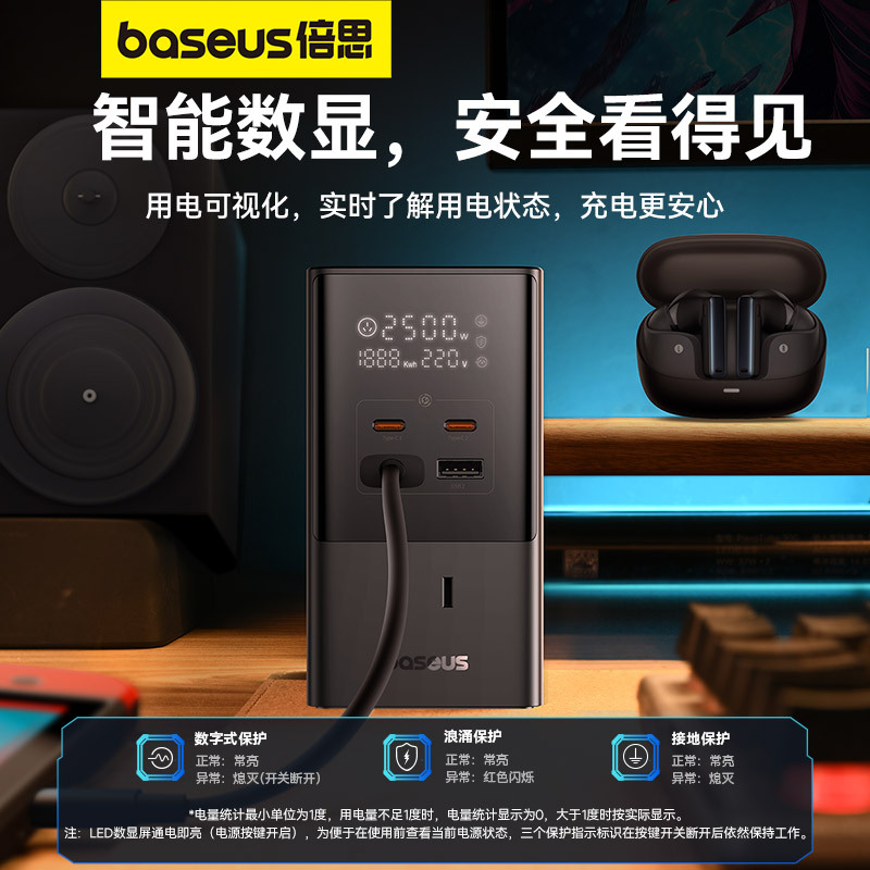 倍思35W智能数显插座桌面充电站排插多口USB快充插线板插头办公用