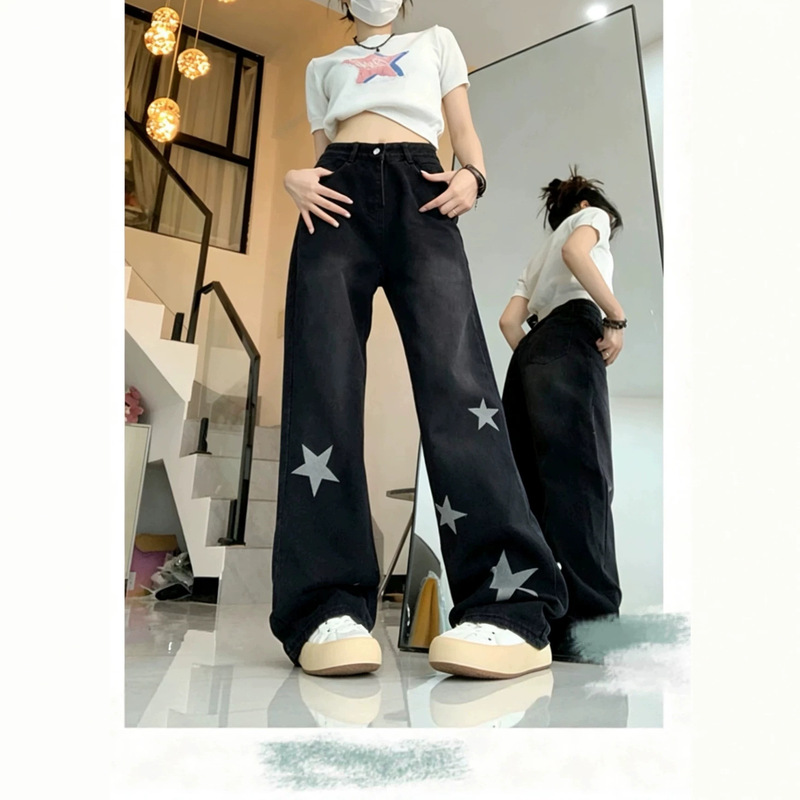 Casual loose star-print jeans for women in summer, American retro style wide-leg pants, slimming straight-leg, elegant and high-end design