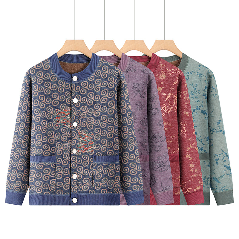 奶奶秋冬加绒外套中老年人女装冬装妈妈毛衣针织衫老人开衫保暖衣