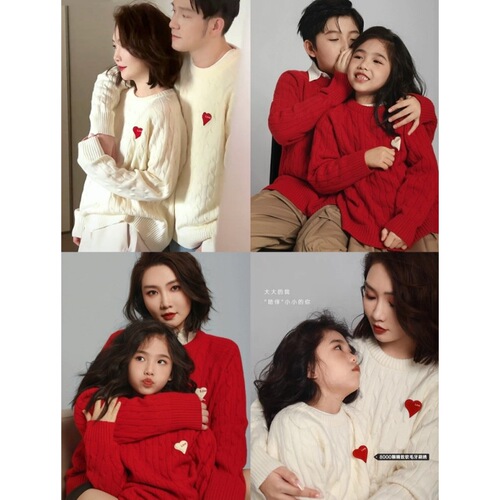 Parent-child set sweater for a family of three,  autumn/winter new thick red cable knit mother and daughter set for babies and toddlers