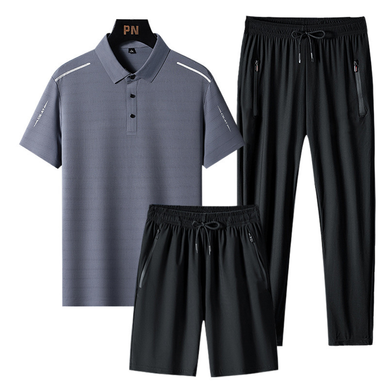enfriamiento ventilación polo seda de hielo hombre manga corta camiseta de verano larga ropa casual de hombre tres piezas