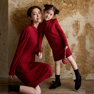 一起玩亲子装 秋冬新款母女装国风仿羊绒打底旗袍裙T23D83