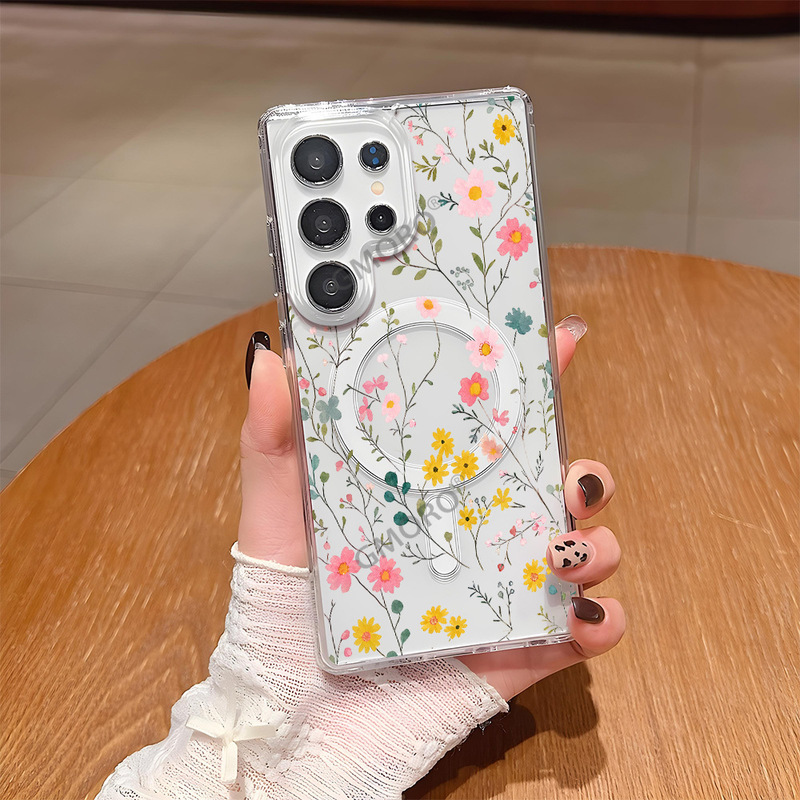 Foreign trade e-commerce phone case with colorful wildflowers all over the screen, Galaxy S25 pastoral style transparent case, S24 magnetic protective cover Foreign trade e-commerce phone case with colorful wildflowers all over the screen, Galaxy S25 pastoral style transparent case, S24 magnetic protective cover