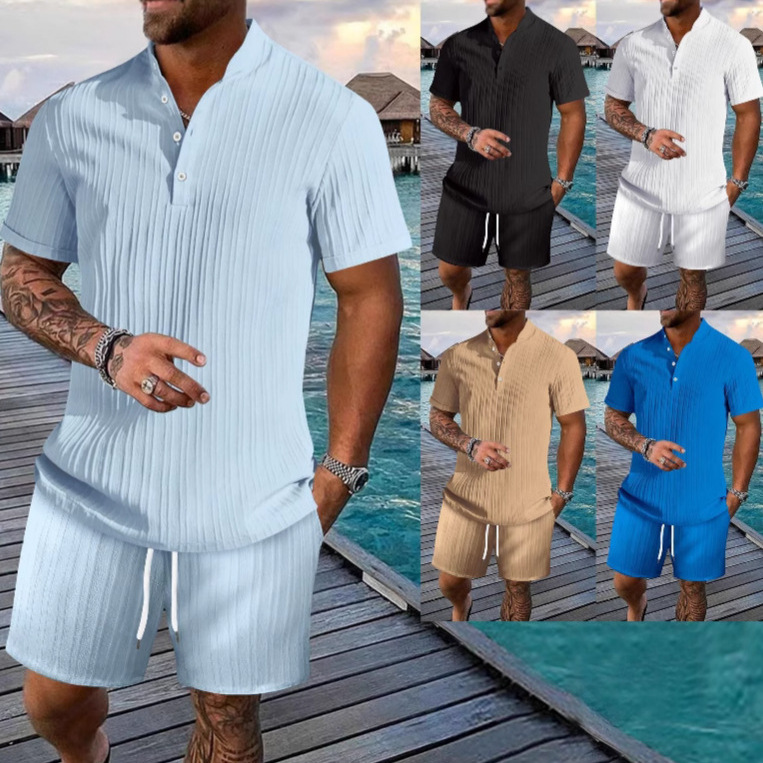 유럽과 미국의 국경 간 새로운 여름 Amazon AliExpress 남성 셔츠 캐주얼 루즈 반팔 반바지 비치 슈트
