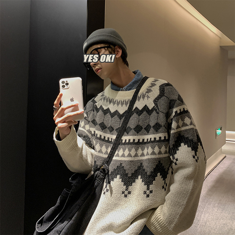 Hong Kong style sweater men's loose ins fashion brand handsome sweater coat men's autumn Korean style fashionable retro all-matching sweater