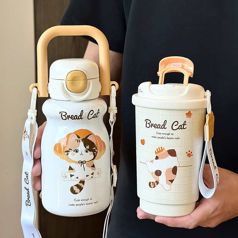 Pan serie de gatos de mano taza de aislamiento térmico de alta calidad de mujer taza de agua de paja de taza de café de acero inoxidable 316