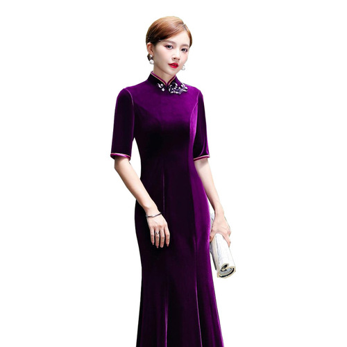 cheongsam Chinese Dress qipao for women girls host singer performance miss etiquette performing gown mother-in-law improved pleuche fishtail cheongsam