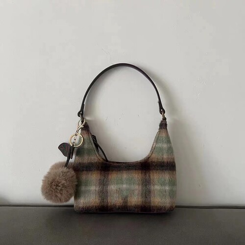Lamb wool grid retro niche underarm bag for women  new autumn winter cherry high-end sense hand-held single shoulder bag