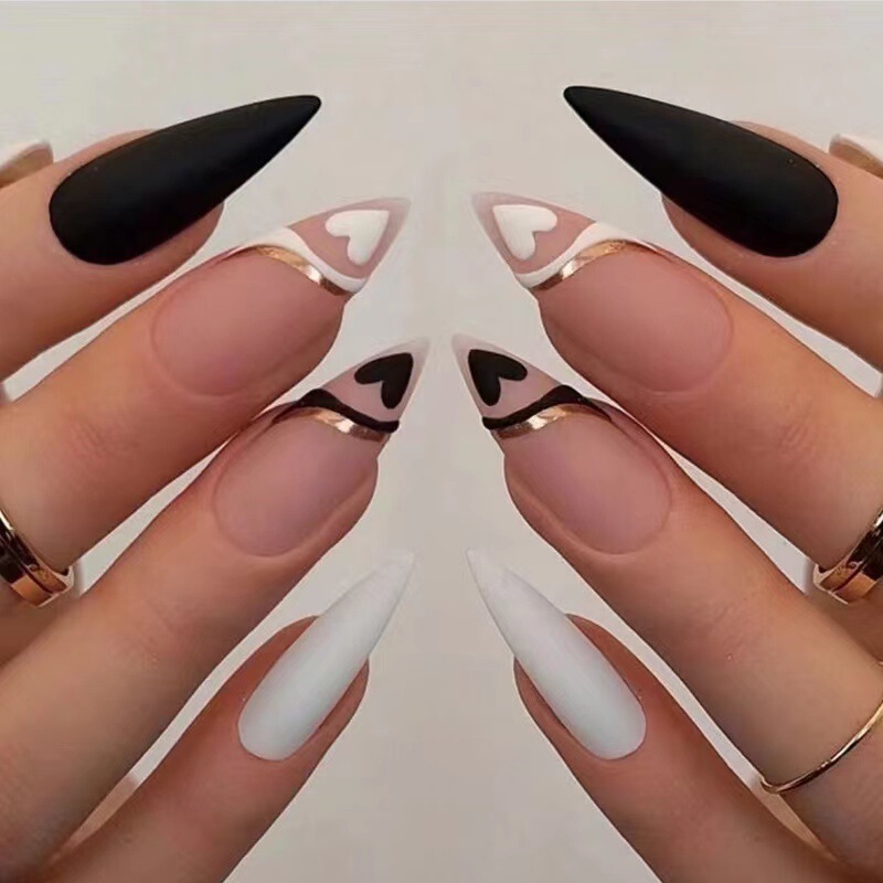 24 Styles of Long Black French Heart-Shaped Matte Press-On Nails, Wearable Nail Tips, Frosted Almond Nails, Nail Art Products