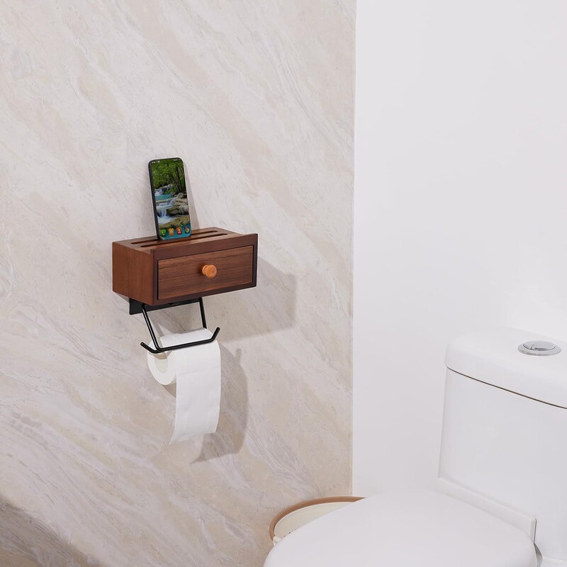Wooden Wall-Mounted Paper Towel Storage Rack Bathroom Wet Toilet Paper Storage Rack Multi-Functional with Mobile Phone Holder Aromatherapy Holder