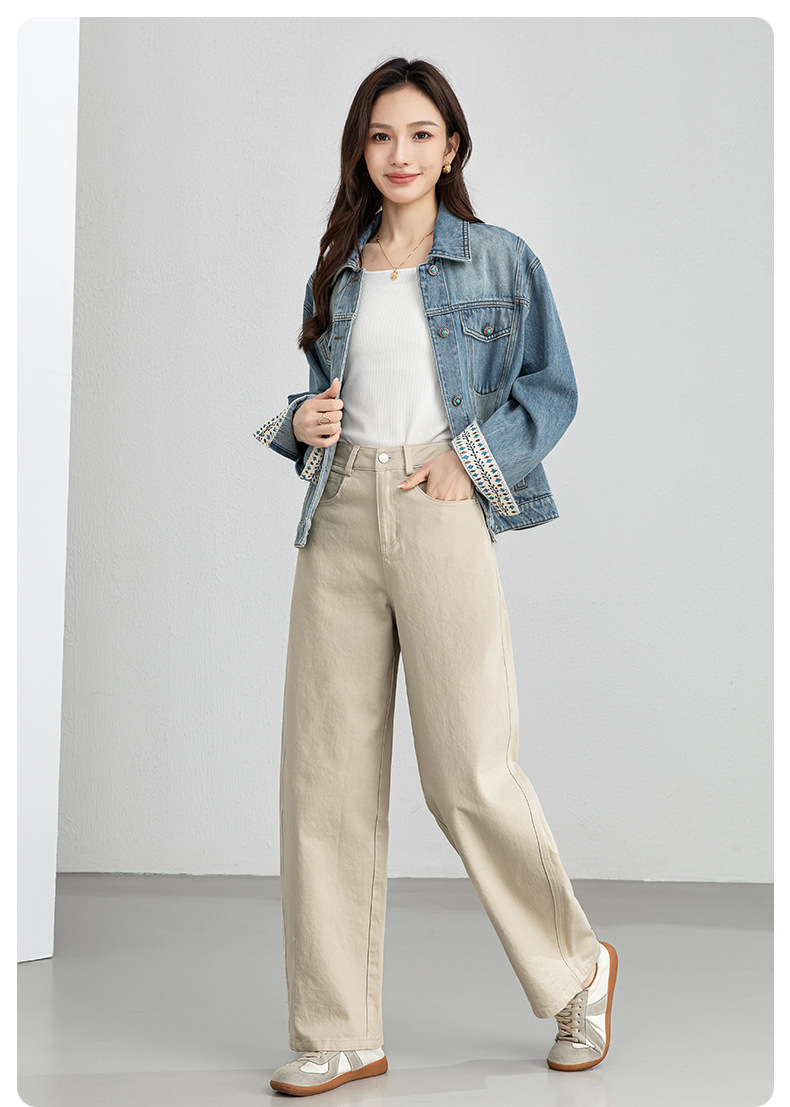 Quần jean nữ ống rộng cạp cao dáng suông vải denim wash nhẹ — Tên chi tiết 19