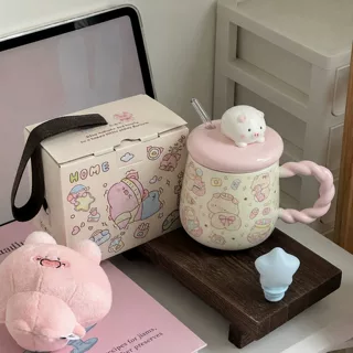小猪杯子可爱高颜值陶瓷马克杯带盖家用喝水杯早餐咖啡杯生日礼物