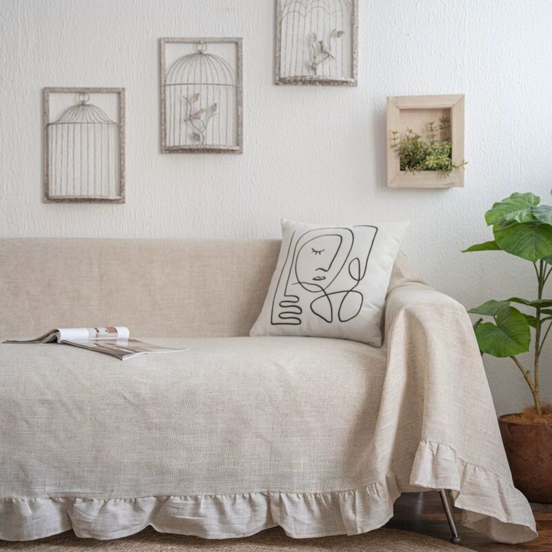 R5X Retro American-Style Sofa Cover, Plain Color, Pastoral Style with Ruffles, Multifunctional Cover, Thick and Durable