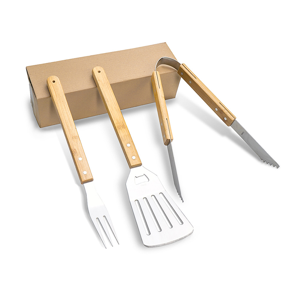 Spot fabricante de herramientas de barbacoa de acero inoxidable juego de pinzas de pala de mango de madera para barbacoa al aire libre juego completo