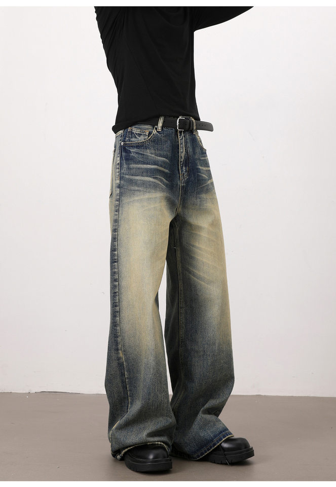 Quần jeans nam dáng rộng ống đứng phong cách retro Mỹ, giặt mài làm cũ — Màu xanh dương chi tiết 24