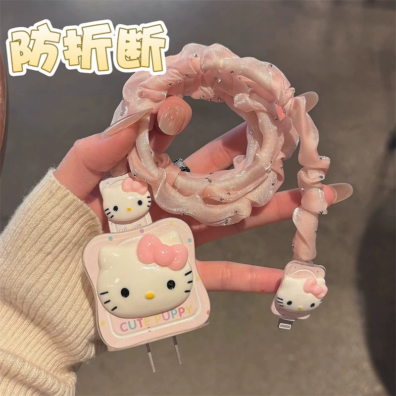 Чехол защитный для зарядного устройства Hello Kitty Apple iPhone16, подходящий для 15 кабеля данных против складывания, iPad9 быстрая зарядка 20W головка