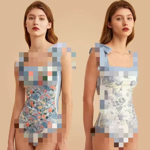 Langei Western and European Printed Double Fabric Beach Hot Spring Swimsuit Set for Women French Retro One-piece Bikini