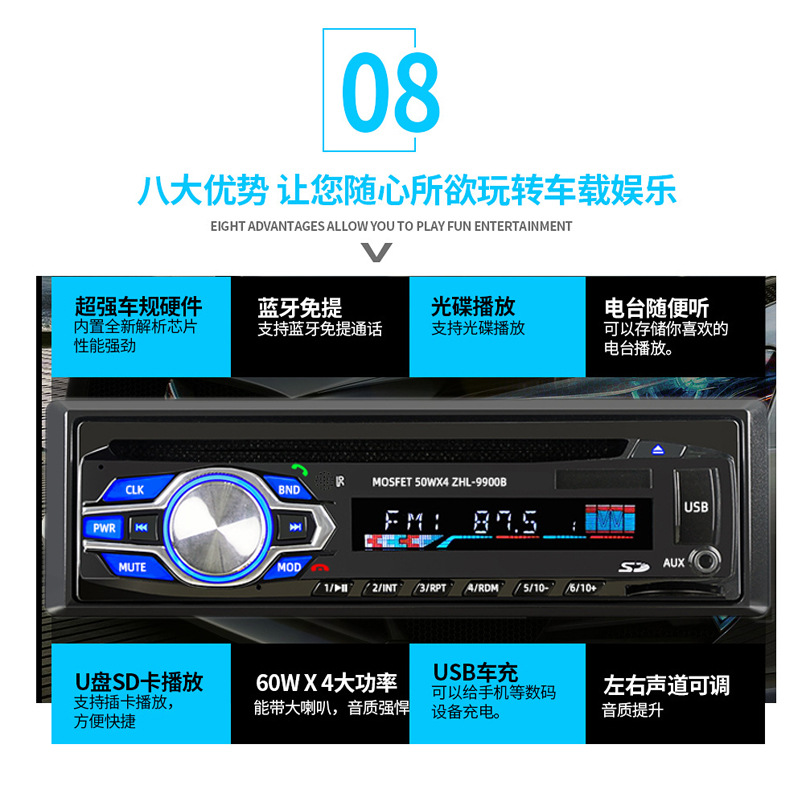 Single-DIN Car DVD Player with Bluetooth, Card Slot, FM Radio, 12V Car MP3, Dropshipping 9900B