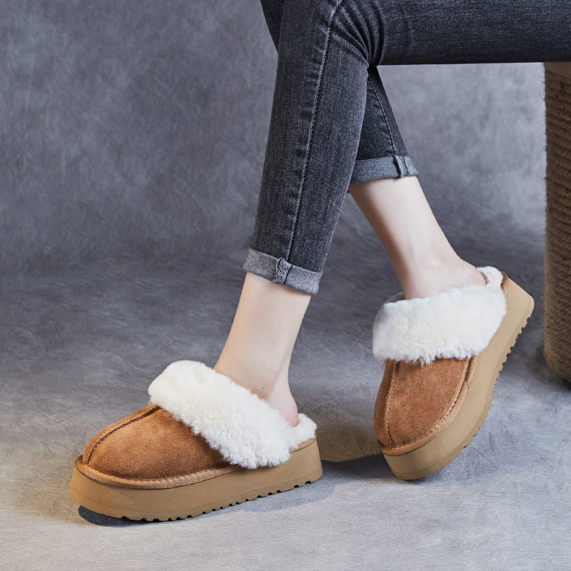 Frosted cowhide closed wool cotton slippers for women winter 2023 New thick-soled snow boots furry slippers for women