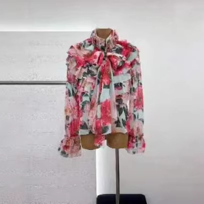 Fashionable and Elegant Light Luxury Style Shirt Versatile for Spring 2026 Women's Retro Sheer Long-Sleeve Ruffled Edge Ribbon Print Blouse