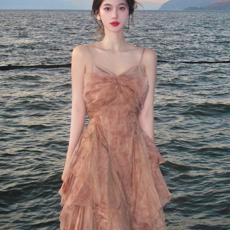 Beach Dress for Women, Perfect for Seaside Vacation, Super Stylish 2026 French-Style Tea Break Dress, Runaway Princess Dress, Spaghetti Strap Dress