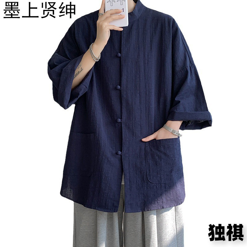 Camisa de manga de cinco puntos retro japonesa para hombre estilo fino de verano más fertilizante de talla grande nueva camisa de manga corta de algodón y lino de moda nacional de estilo chino