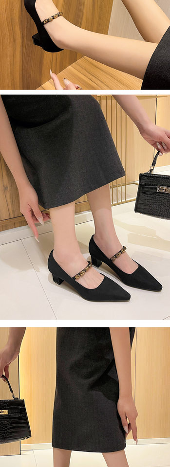 Giày cao gót nữ mũi vuông nhỏ quai ngang thanh lịch, gót vuông vừa 3–6 cm, chất liệu cashmere — Màu nâu, Màu đỏ rượu, màu đen chi tiết 9