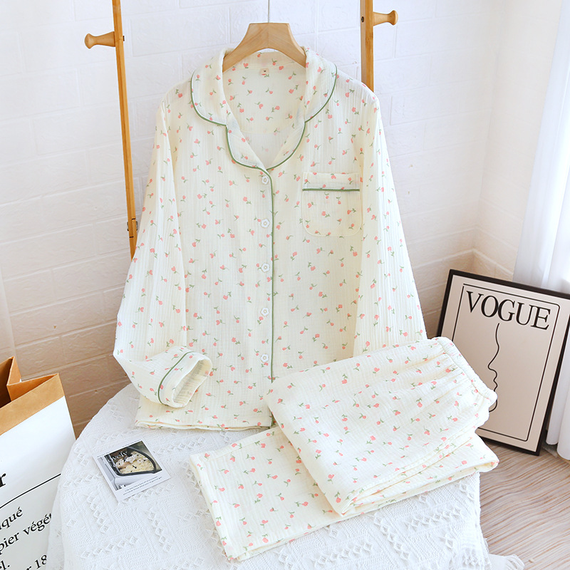 Algodón crepé pijamas de las mujeres amor crepé traje de solapa de gasa de algodón cómodo traje de desgaste casero