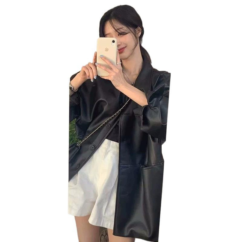 뜨거운 한국 잘 생긴 옷깃 싱글 브레스트 가죽 자켓 여성의 가을 새로운 느슨한 올매치 모방 가죽 자켓 탑