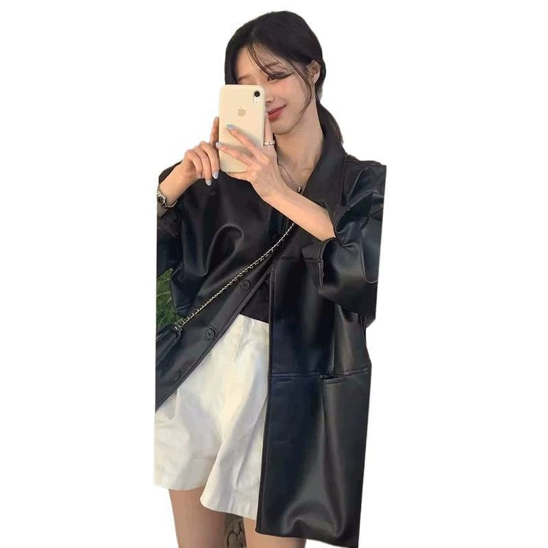 Осеняя oversize куртка корейский стиль, черная искусственная кожаная фактура, другой бренд, размеры M-3XL