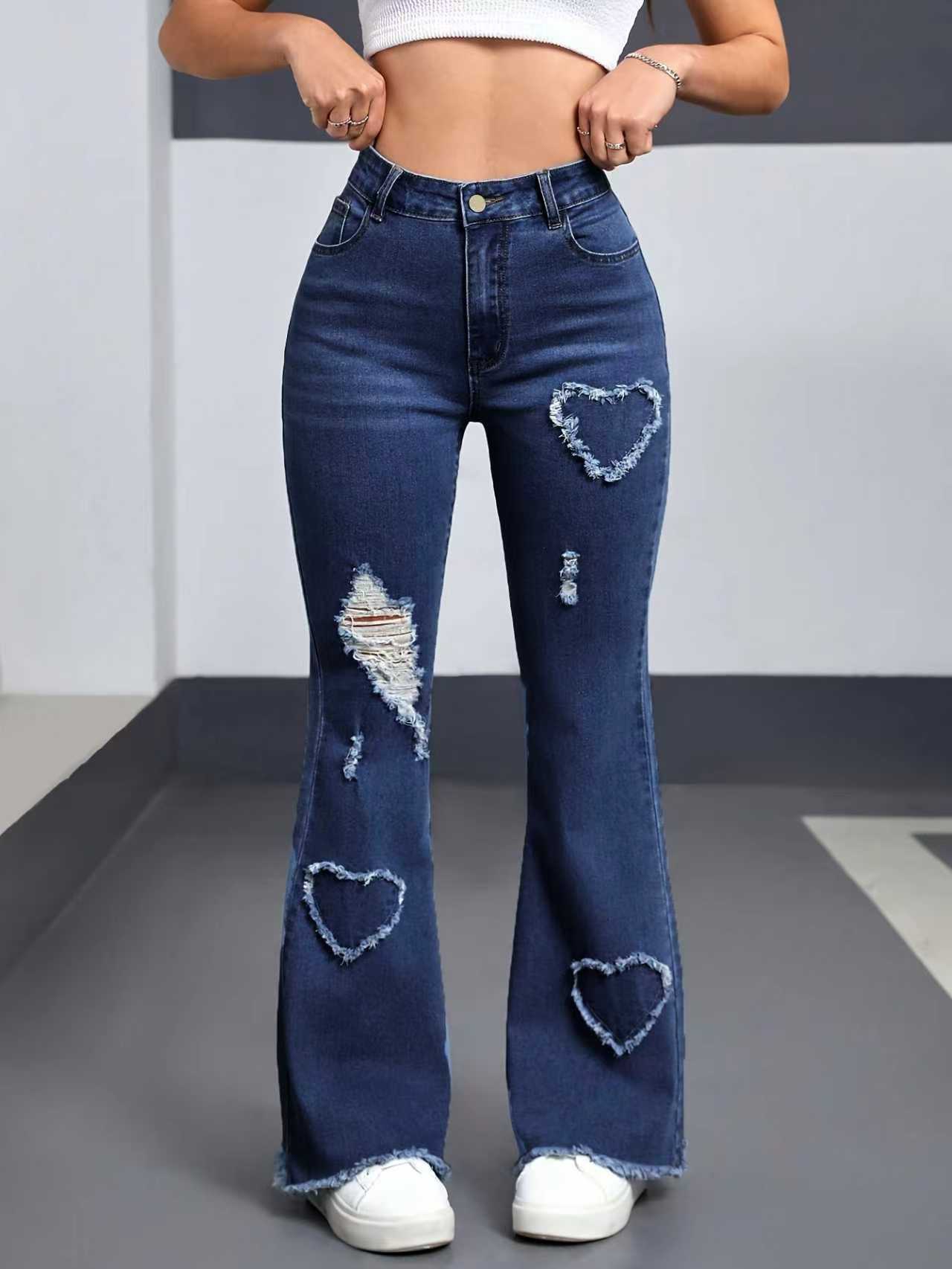 Women's Stretchy Flared Jeans With Heart Embroidery & Distressed Details - High Waist Bell Bottom Pants In Light Blue_mkmklike.com