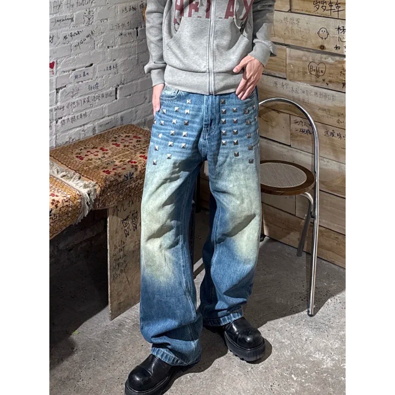 Vintage Washed Baggy Jeans For Men & Women – Distressed Denim With Cat Whisker & Studded Details (Blue, S-3XL)​_mkmklike.com