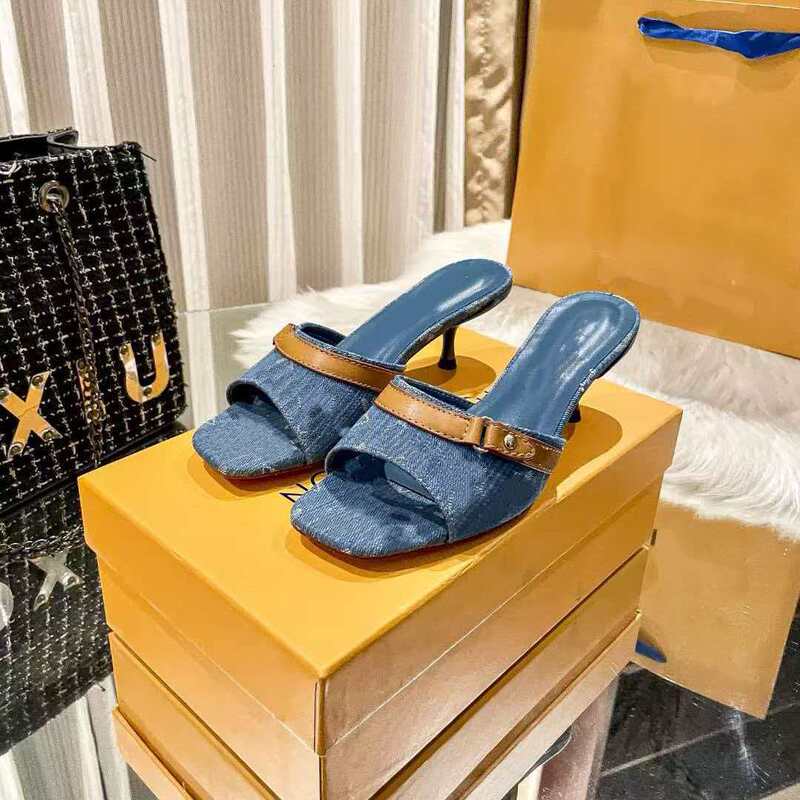 2026 New Fashion Stylish Outdoor Wear Thin-Heeled High-Heeled Slip-On Denim Retro Chic Tri-Color Women's Summer Sandals