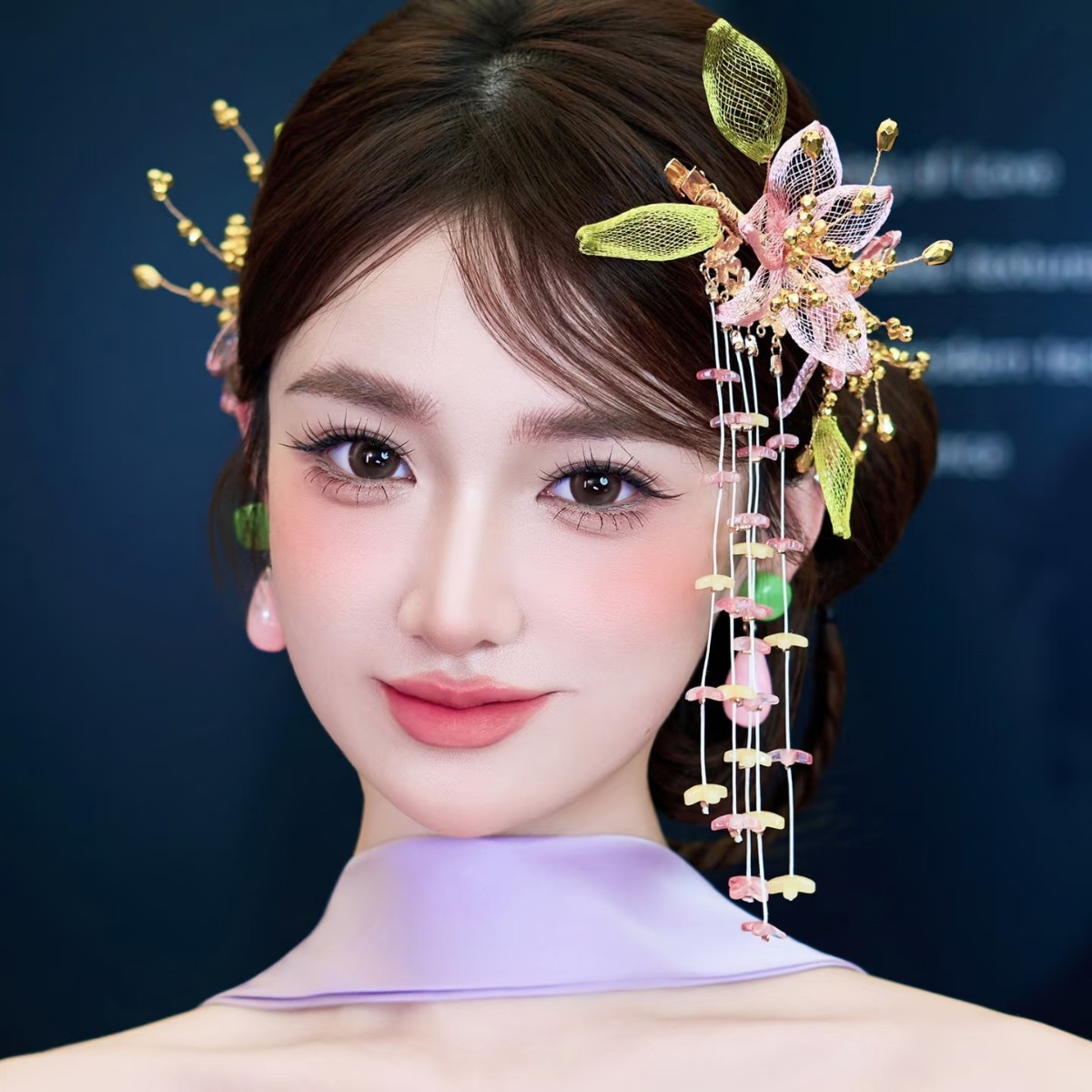 新款原创手作粉色铜丝网花朵侧边夹古风汉服结婚晨袍发饰新娘头饰